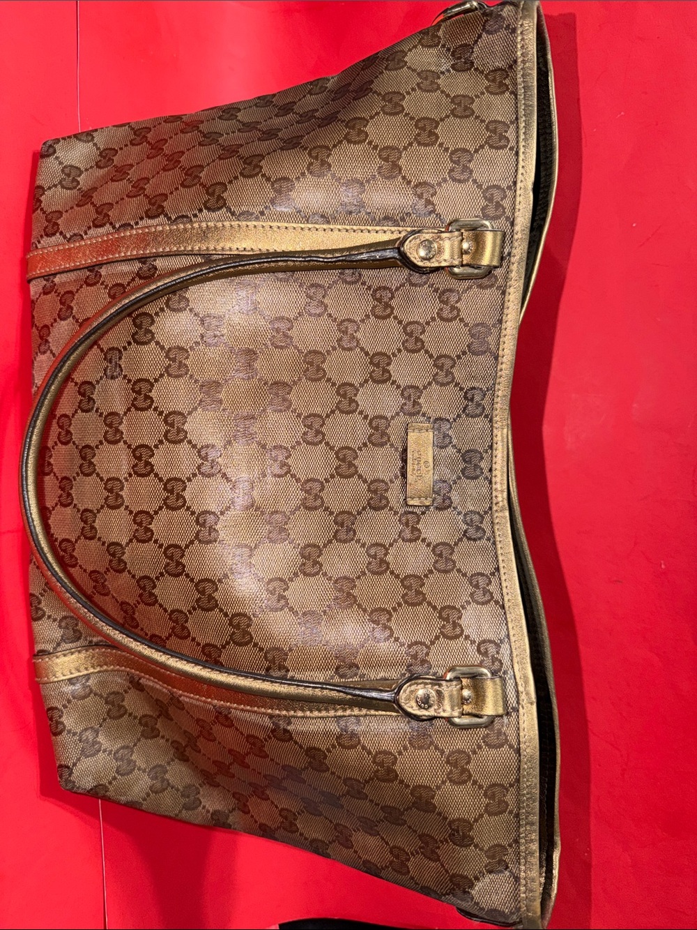 GUCCI Brown GG Monogram Canvas Tote with Gold Trim - Picture 2 of 15
